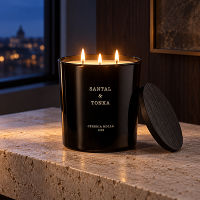 Cereria Molla Santal & Tonka XL three-wick candle in an elegant evening interior