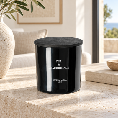 Cereria Molla Tea & Lemongrass XL candle in a sunlit luxury interior