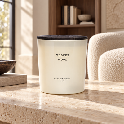 Cereria Molla Velvet Wood Ivory XL candle in a sunlit luxury interior