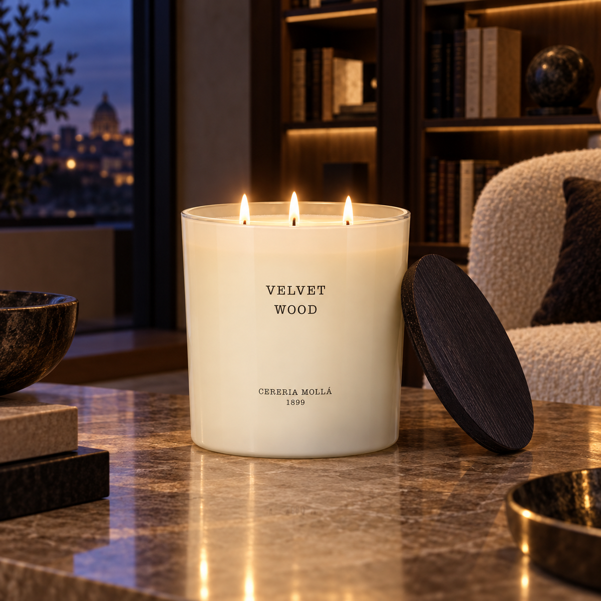 Cereria Molla Velvet Wood Ivory XL three-wick candle in an elegant evening interior