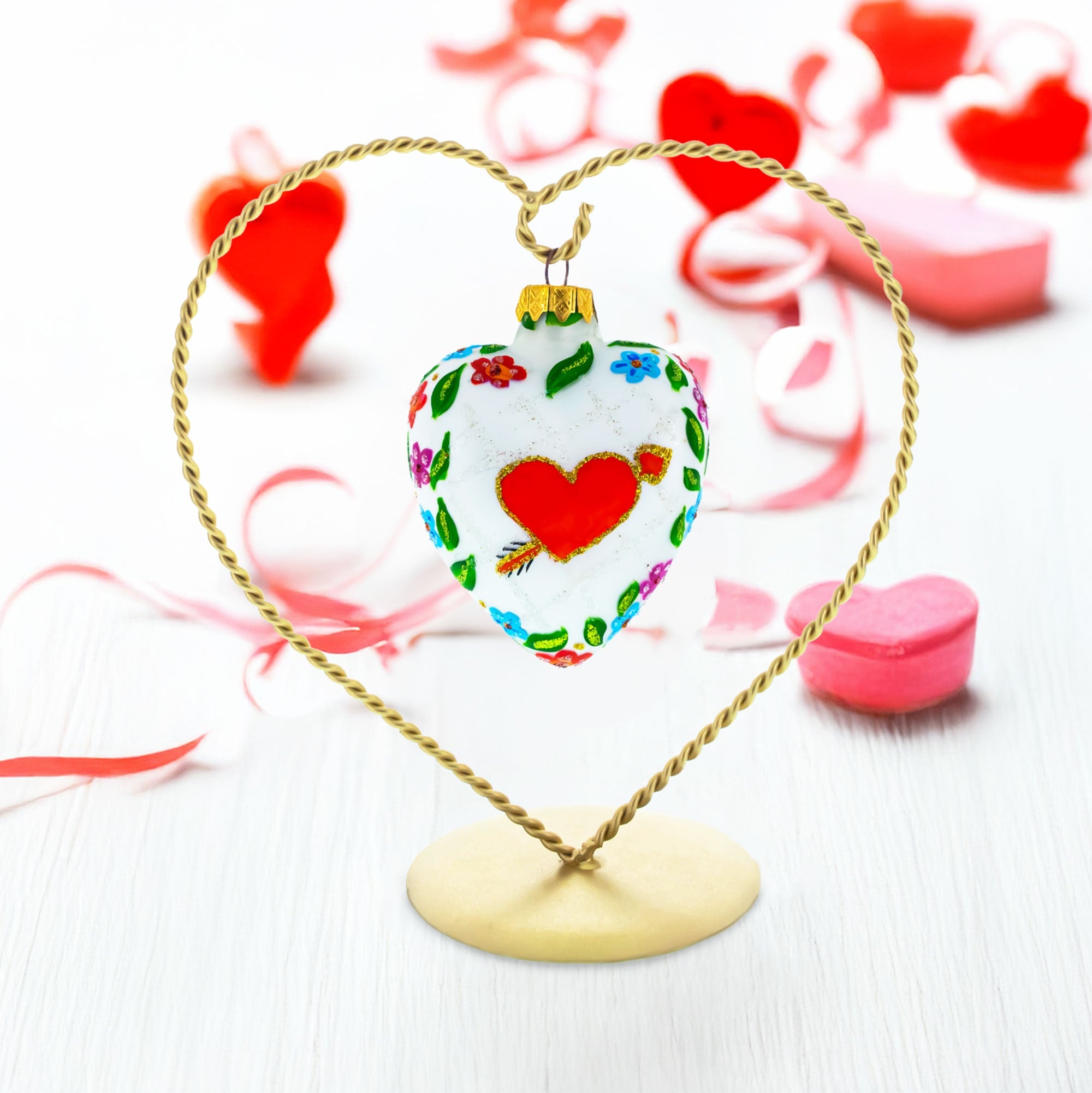 Arrow In Red Heart Valentine's Day Glass Ornament