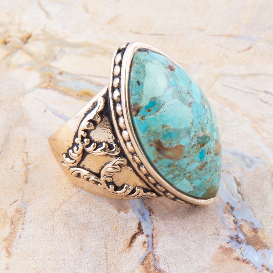 Champion Blue Turquoise Golden Cocktail Ring Barse Jewelry