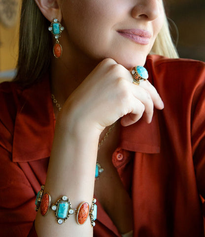 Champs Blue turquoise and Orange Coral Golden Link Bracalet Barse Jewelry