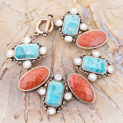 Champs Blue turquoise and Orange Coral Golden Link Bracalet Barse Jewelry