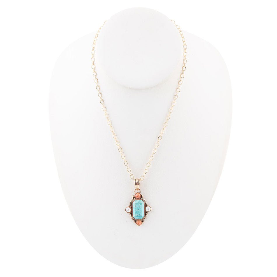 Champs Blue Turquoise and Orange Coral Golden Pendant Necklace Barse Jewelry