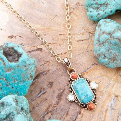 Champs Blue Turquoise and Orange Coral Golden Pendant Necklace Barse Jewelry