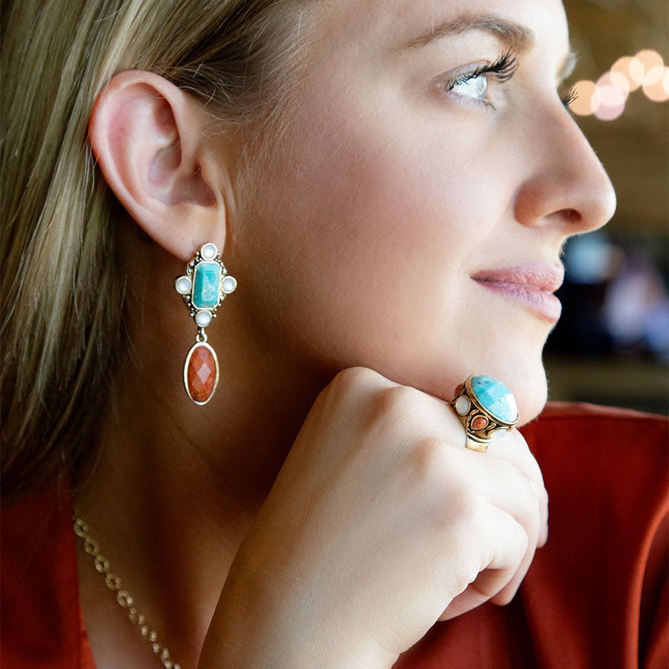 Champs Blue Turquoise and Orange Coral Post Drop Golden Earrings Barse Jewelry