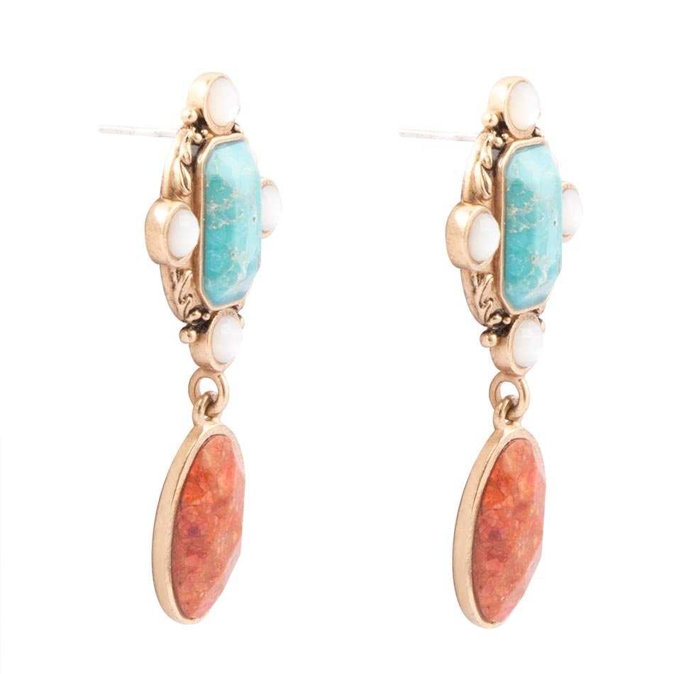 Champs Blue Turquoise and Orange Coral Post Drop Golden Earrings Barse Jewelry