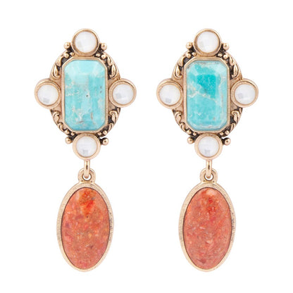 Champs Blue Turquoise and Orange Coral Post Drop Golden Earrings Barse Jewelry
