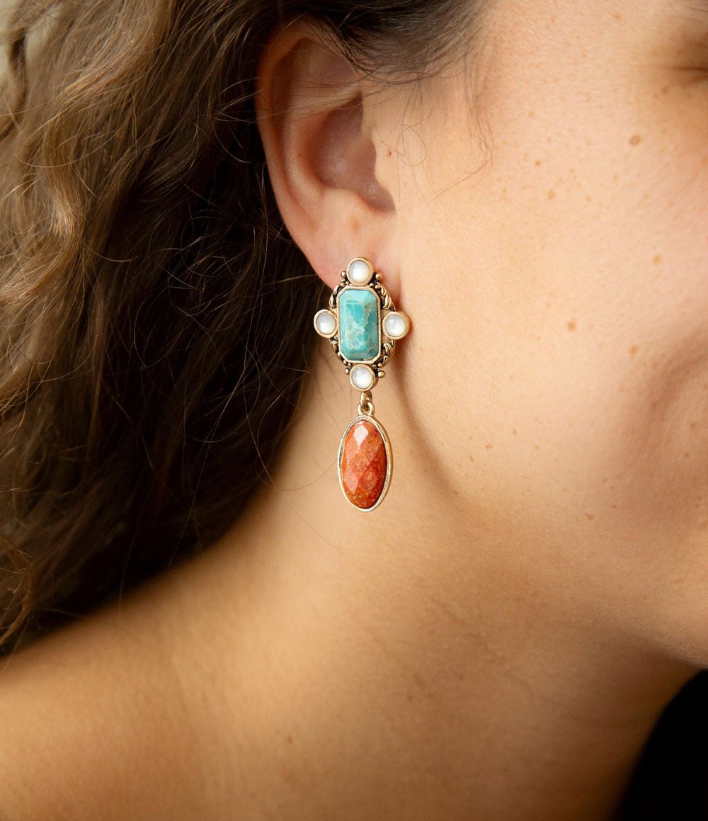 Champs Blue Turquoise and Orange Coral Post Drop Golden Earrings Barse Jewelry