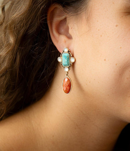 Champs Blue Turquoise and Orange Coral Post Drop Golden Earrings Barse Jewelry