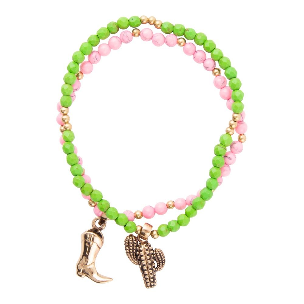 Charmed Cactus and Boot Pink Green Jade Bracelet Set Barse Jewelry