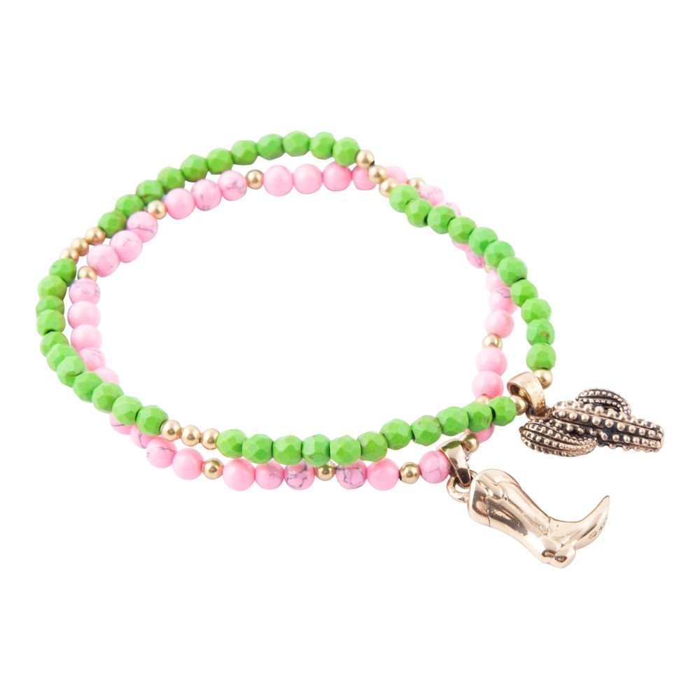 Charmed Cactus and Boot Pink Green Jade Bracelet Set Barse Jewelry