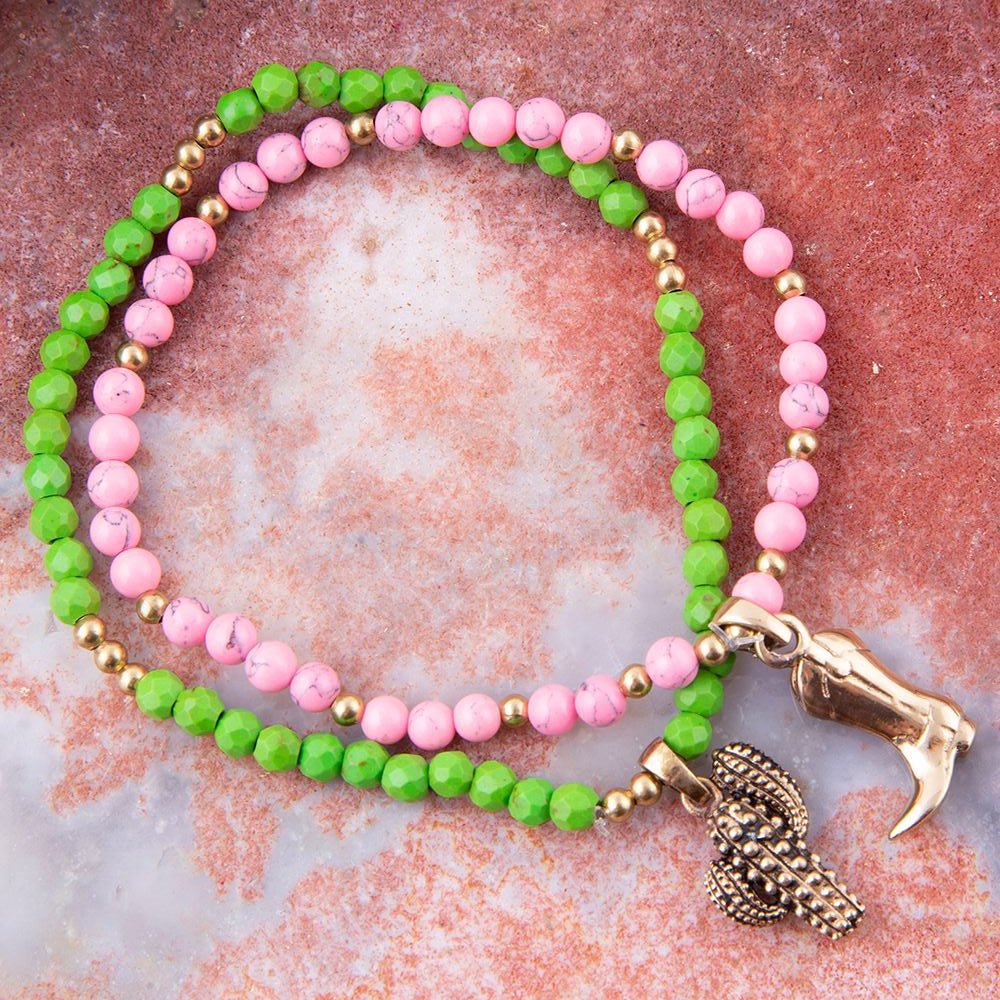 Charmed Cactus and Boot Pink Green Jade Bracelet Set Barse Jewelry