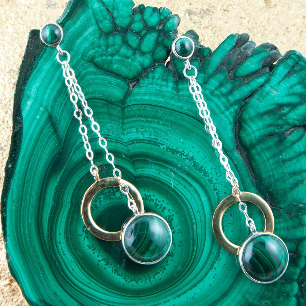 Circle Green Malachite and Two-Toned Metal Dangle Earrings Barse Jewelry