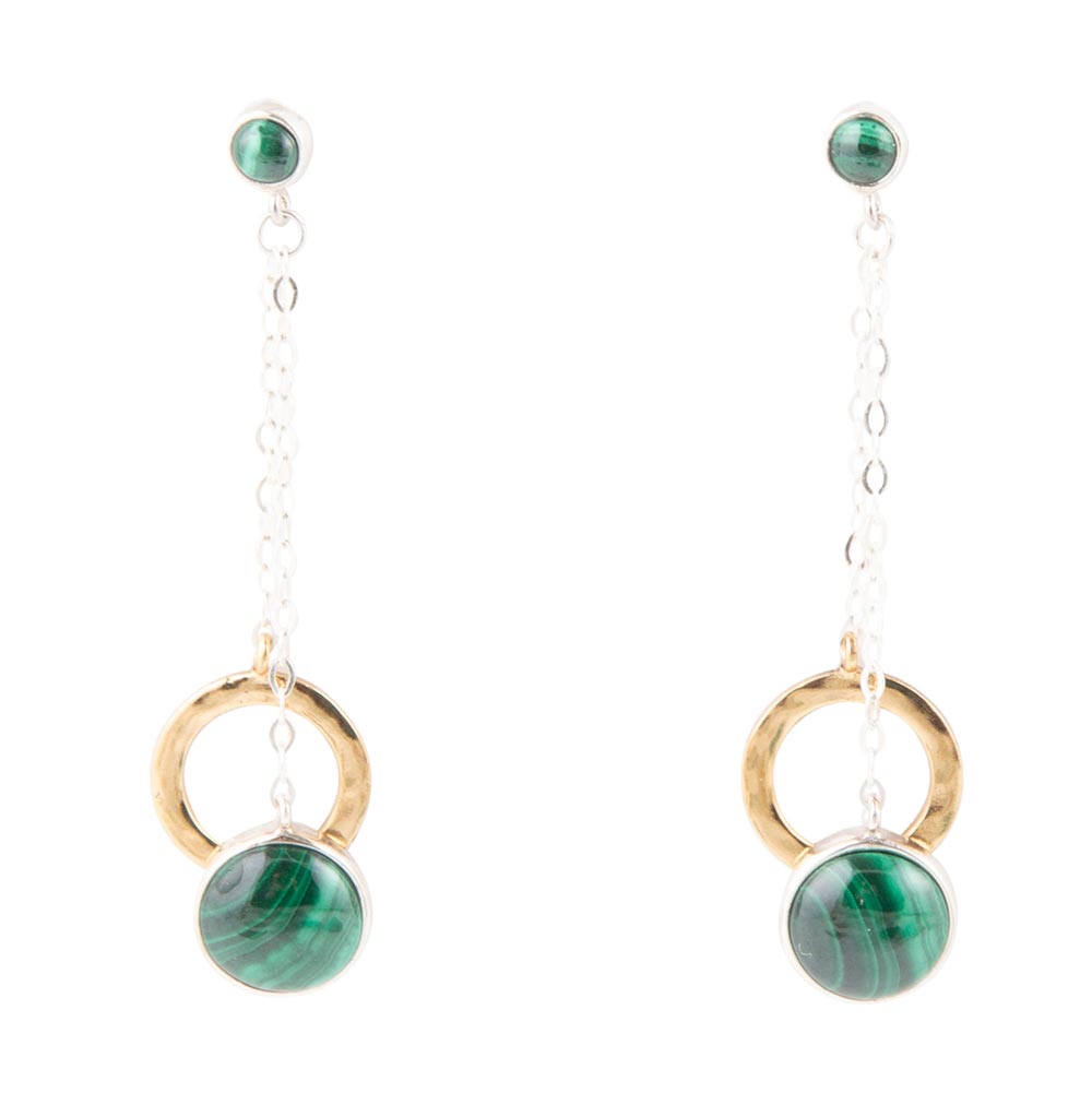 Circle Green Malachite and Two-Toned Metal Dangle Earrings Barse Jewelry