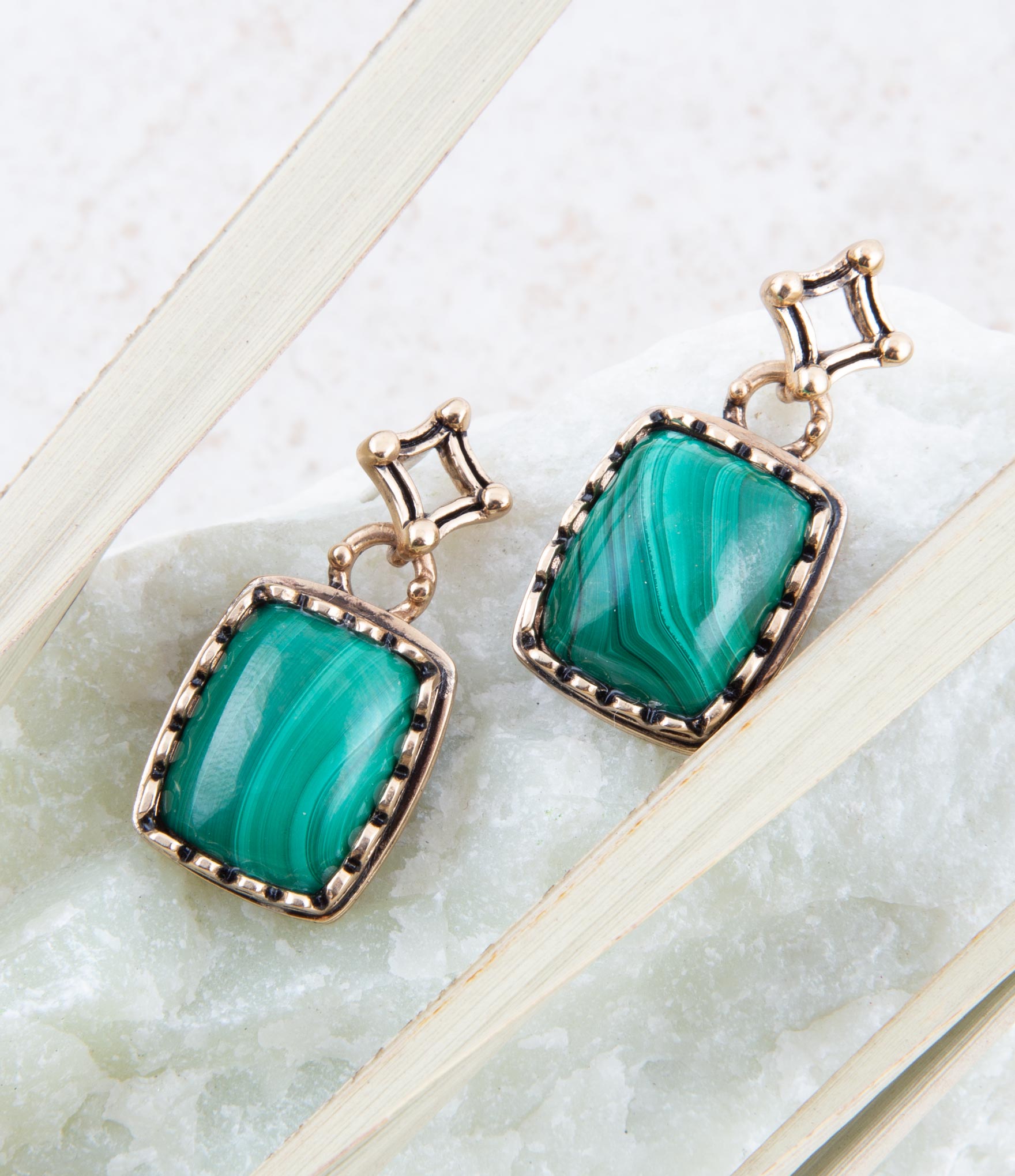 Cognate Green Malachite Post Drop Golden Earrings Barse Jewelry
