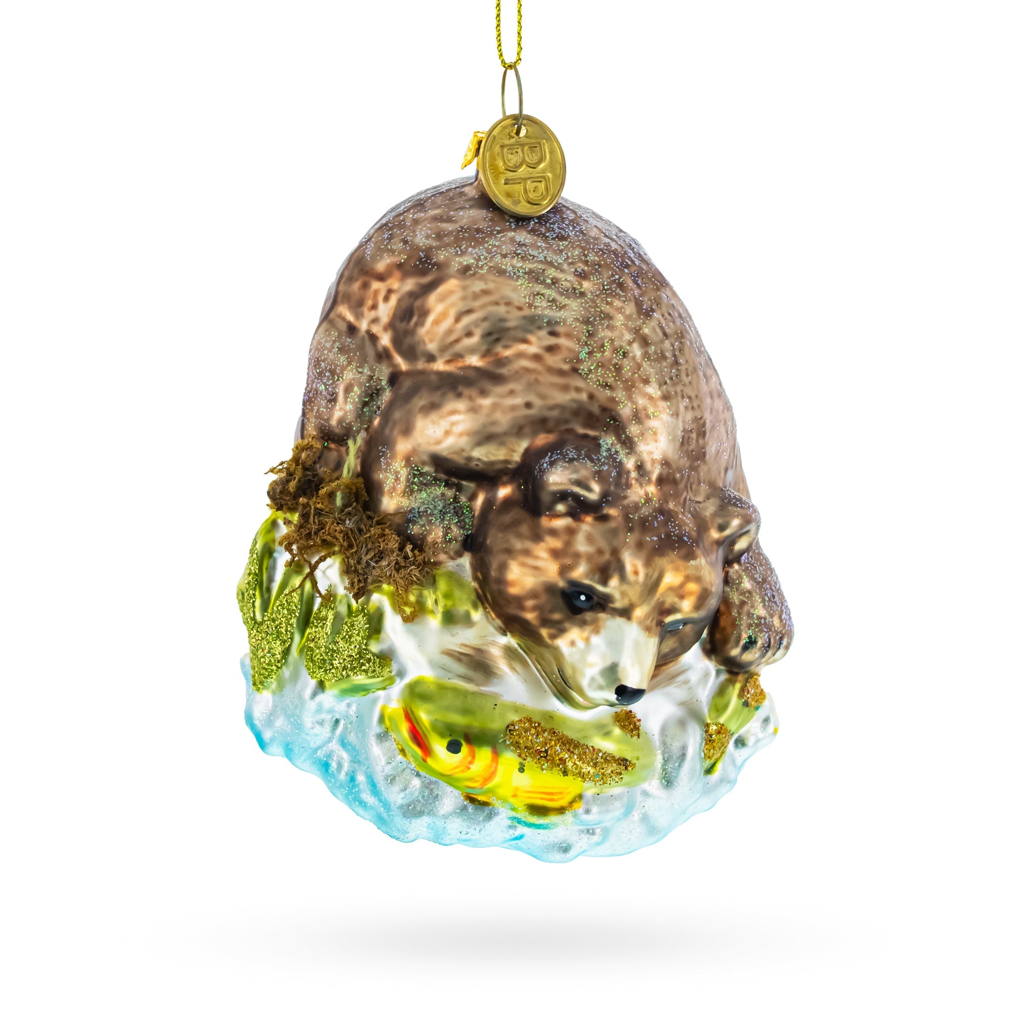 Wild Bear Watching Fish Glass Christmas Ornament