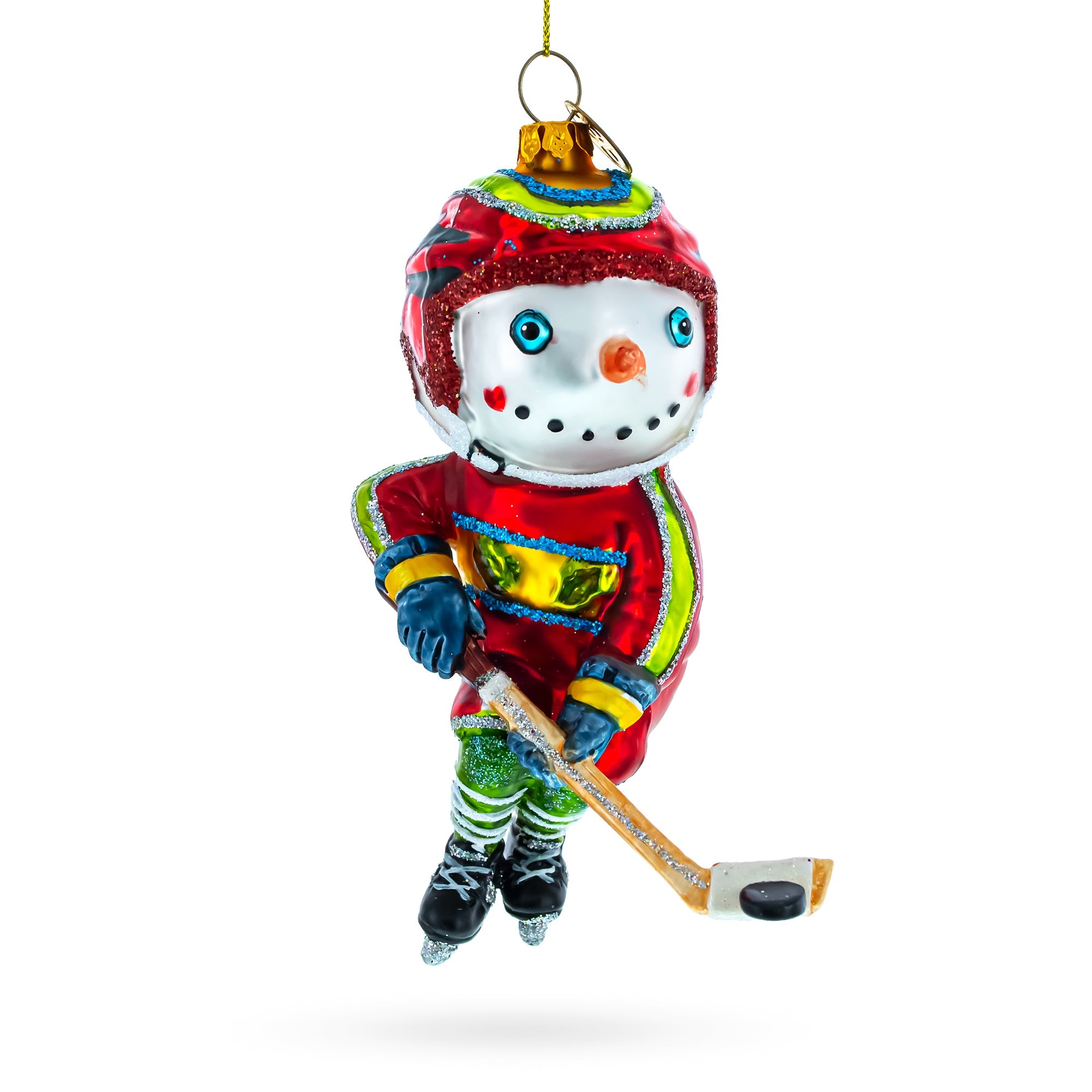 Energetic Snowman Playing Hockey Glass Christmas Ornament