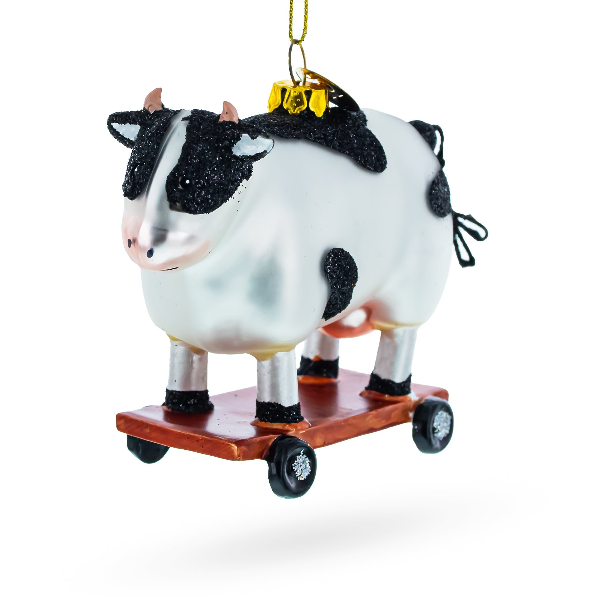 Spotted Cow Ice Skating Glass Christmas Ornament