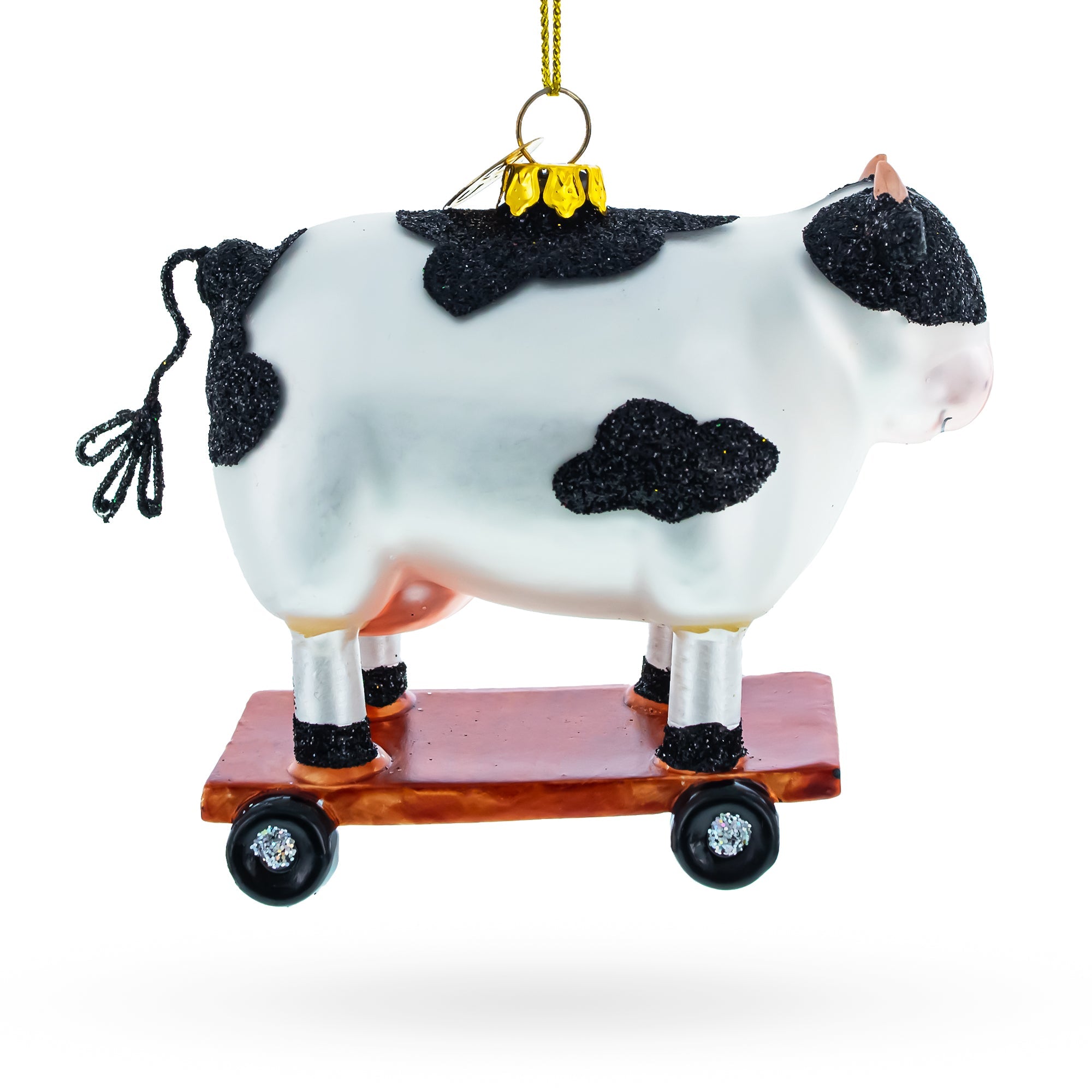 Spotted Cow Ice Skating Glass Christmas Ornament