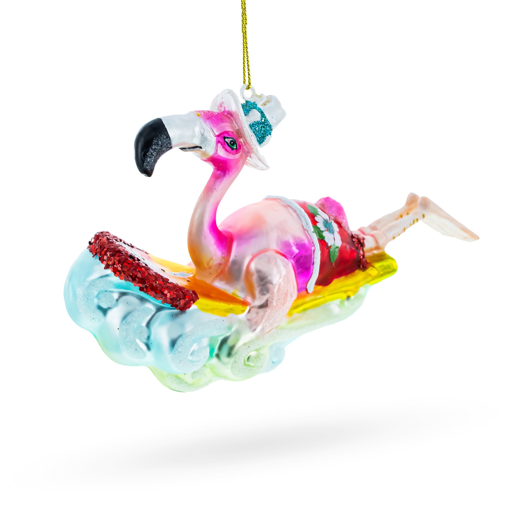 Pink Flamingo Riding a Surf Wave Glass Christmas Ornament