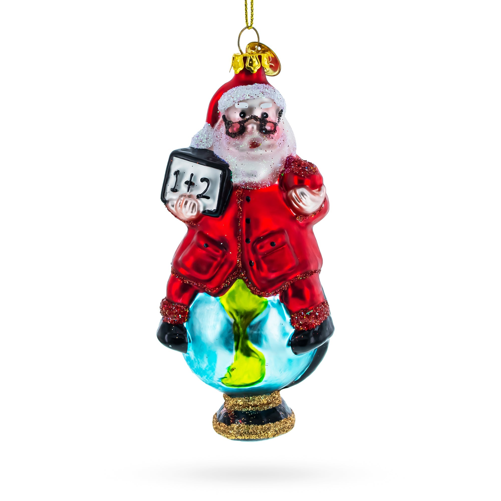 Teacher Santa on World Globe Glass Christmas Ornament