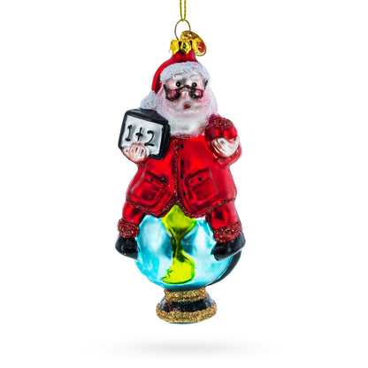 Teacher Santa on World Globe Glass Christmas Ornament