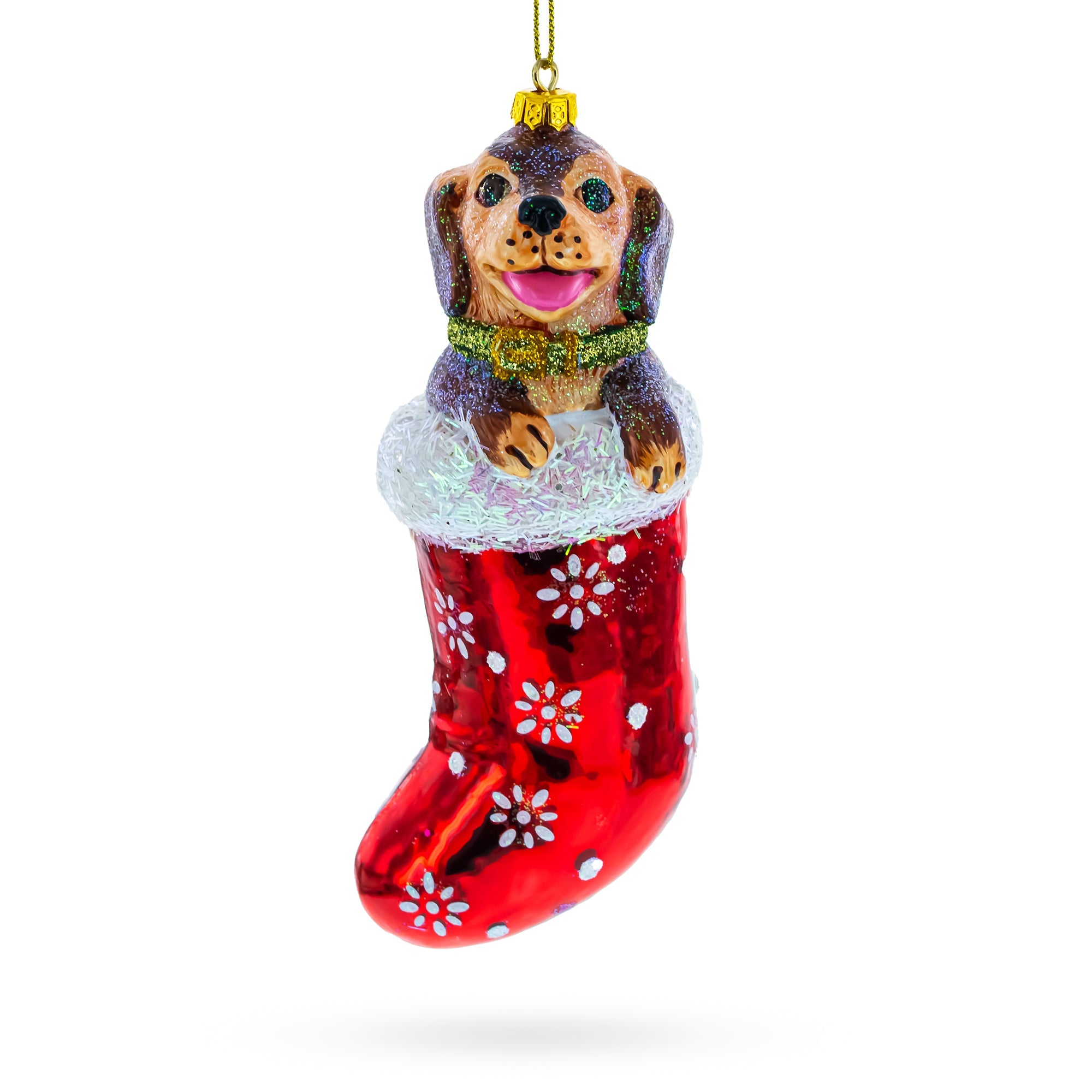 Puppy in Stocking Glass Christmas Ornament