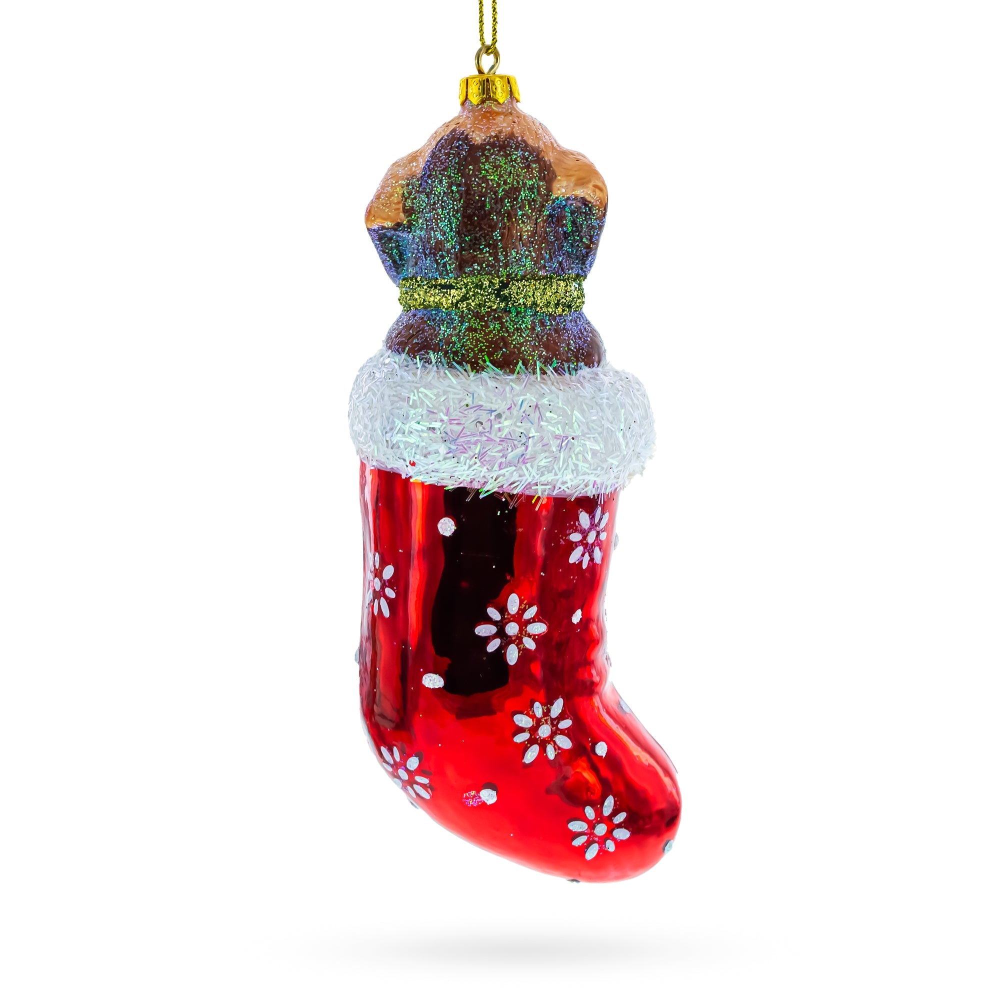 Puppy in Stocking Glass Christmas Ornament