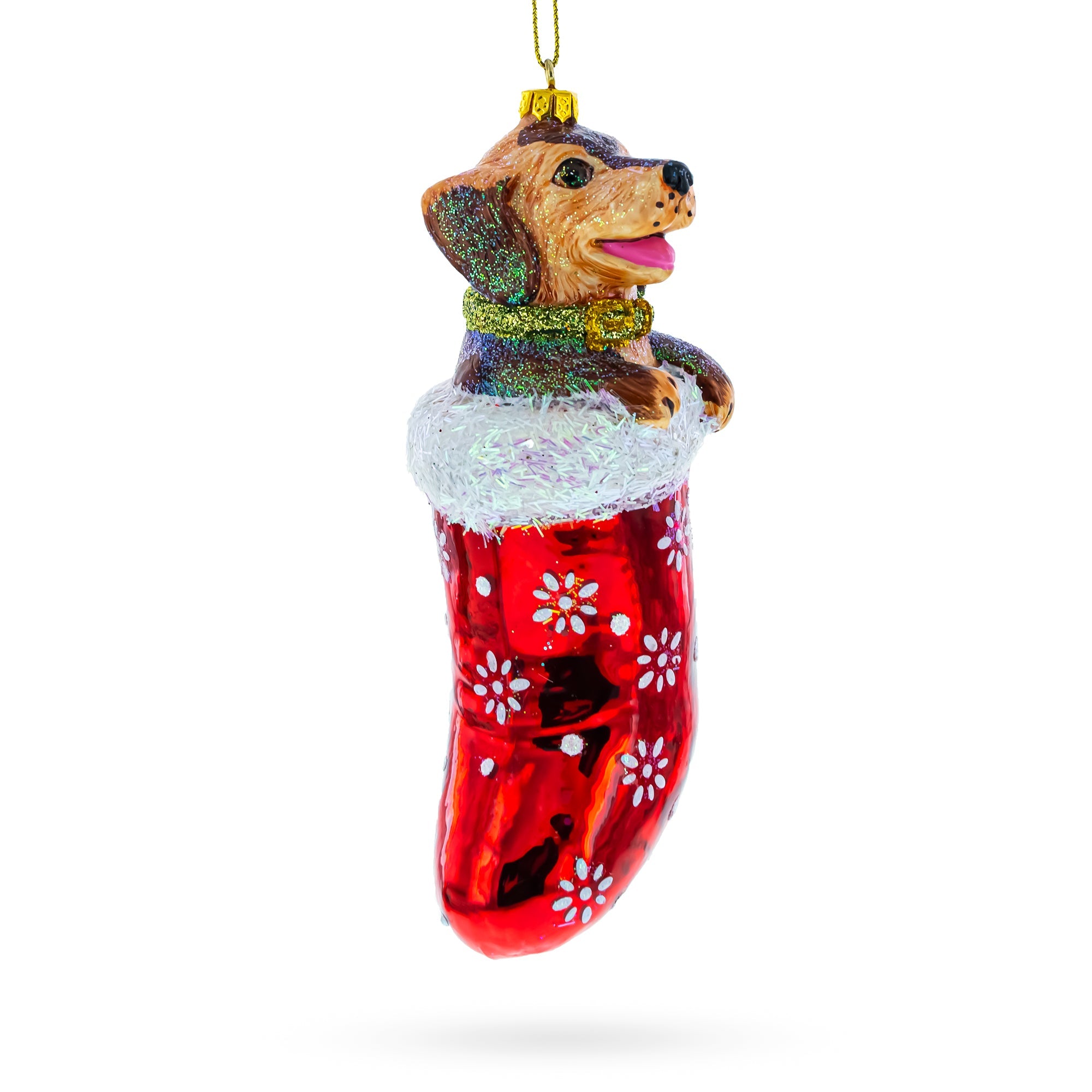 Puppy in Stocking Glass Christmas Ornament