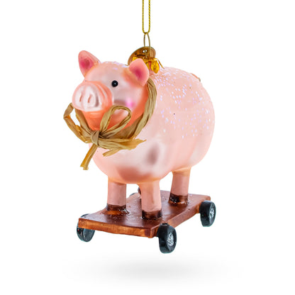Pig Riding a Skateboard Glass Christmas Ornament