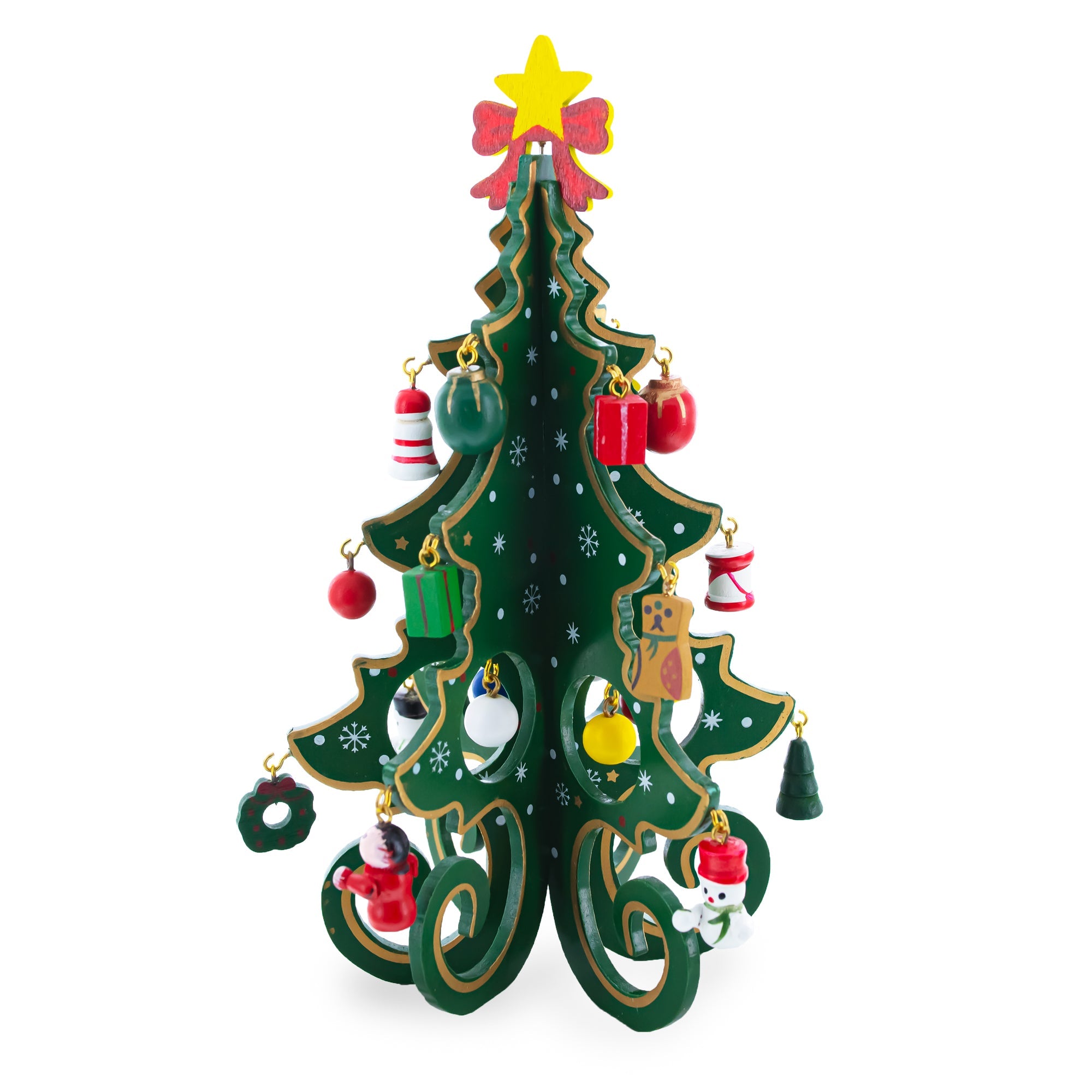 Wooden Tabletop Christmas Tree with Cute Miniature German Style Wooden Ornaments 7.5 Inches