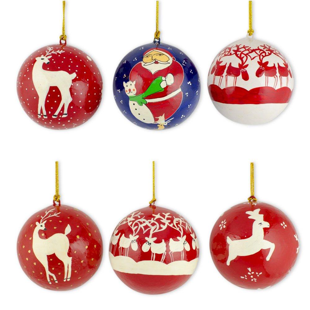 Set of 6 Santa and Reindeer Wooden Christmas Ball Ornaments BestPysanky