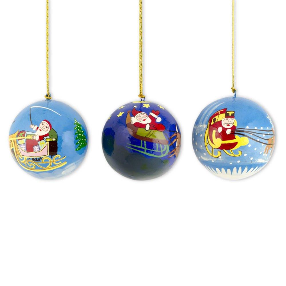 Set of 3 Santa Sleigh Reindeer Wooden Christmas Ball Ornaments BestPysanky
