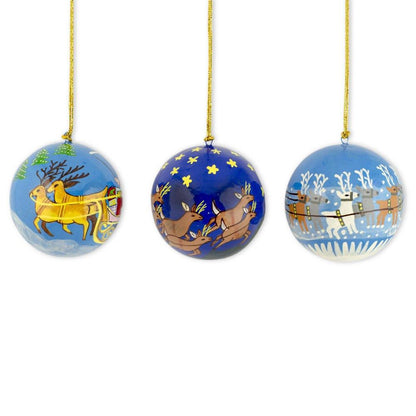Set of 3 Santa Sleigh Reindeer Wooden Christmas Ball Ornaments BestPysanky