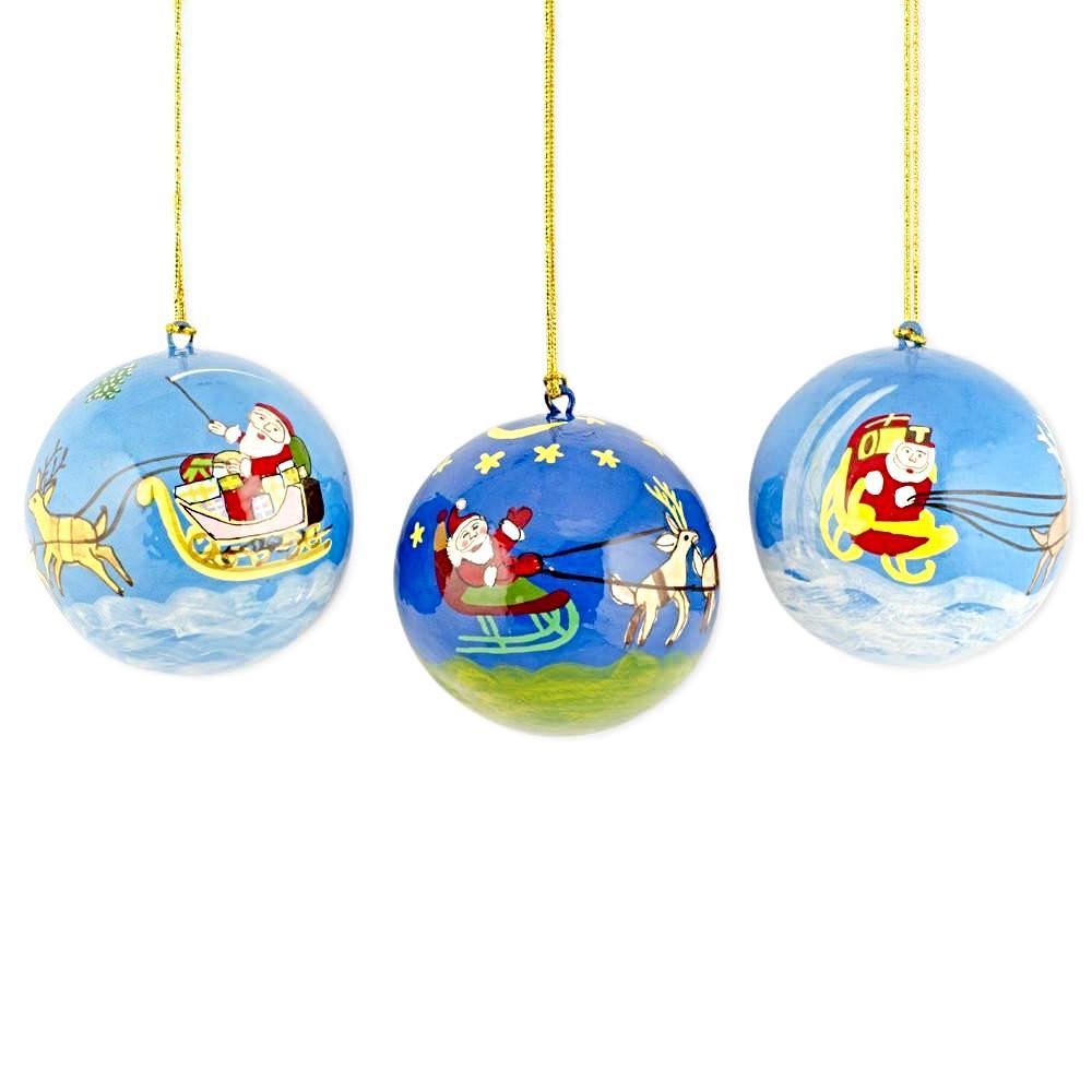Set of 3 Santa Sleigh and Reindeer Wooden Christmas Ball Ornaments BestPysanky