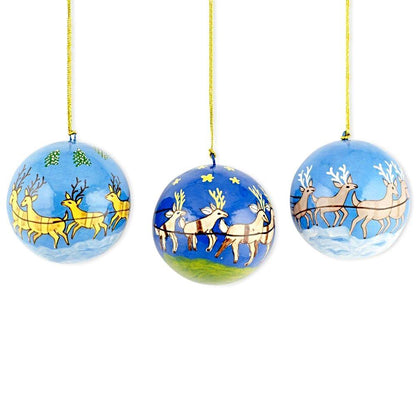 Set of 3 Santa Sleigh and Reindeer Wooden Christmas Ball Ornaments BestPysanky