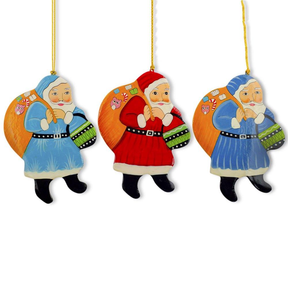 Set of 3 Vintage Style Santa Wooden Christmas Ornaments