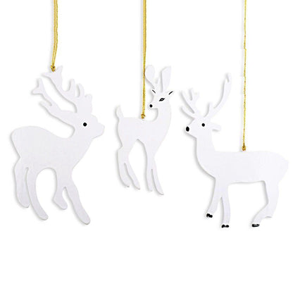 Set of 3 White Deer Wooden Christmas Ornaments 7 Inches
