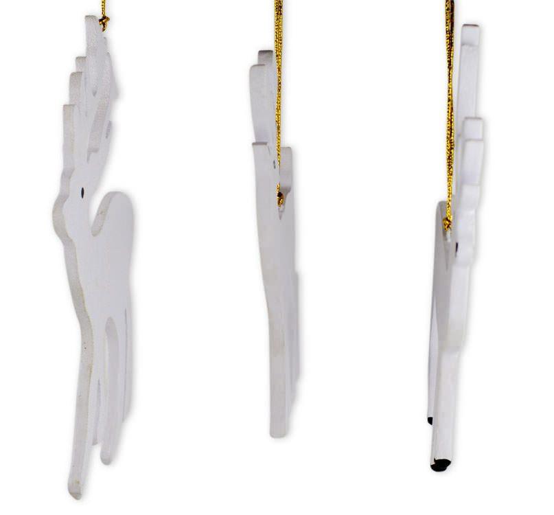 Set of 3 White Deer Wooden Christmas Ornaments 7 Inches