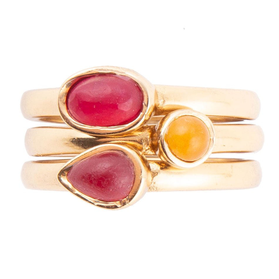 Dainty Stackable Red and Yellow Agate Golden Ring Set Barse Jewelry