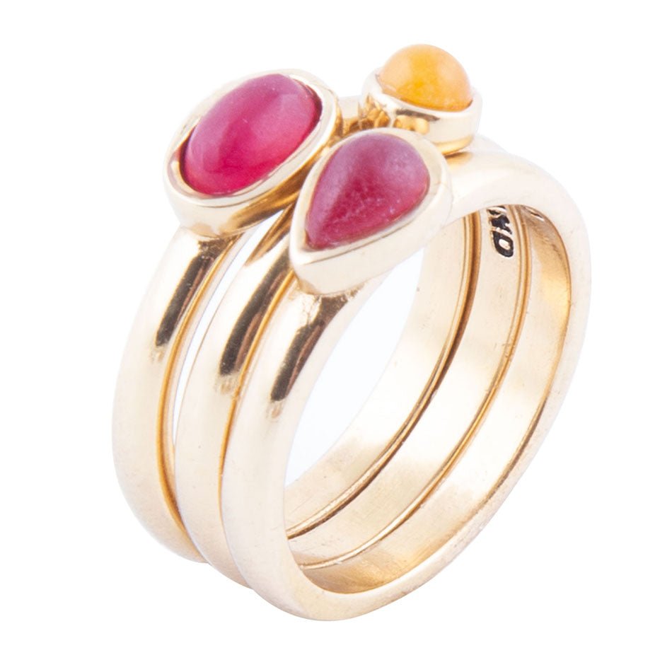 Dainty Stackable Red and Yellow Agate Golden Ring Set Barse Jewelry