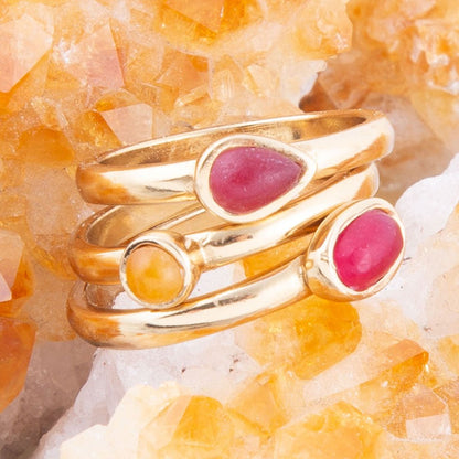 Dainty Stackable Red and Yellow Agate Golden Ring Set Barse Jewelry