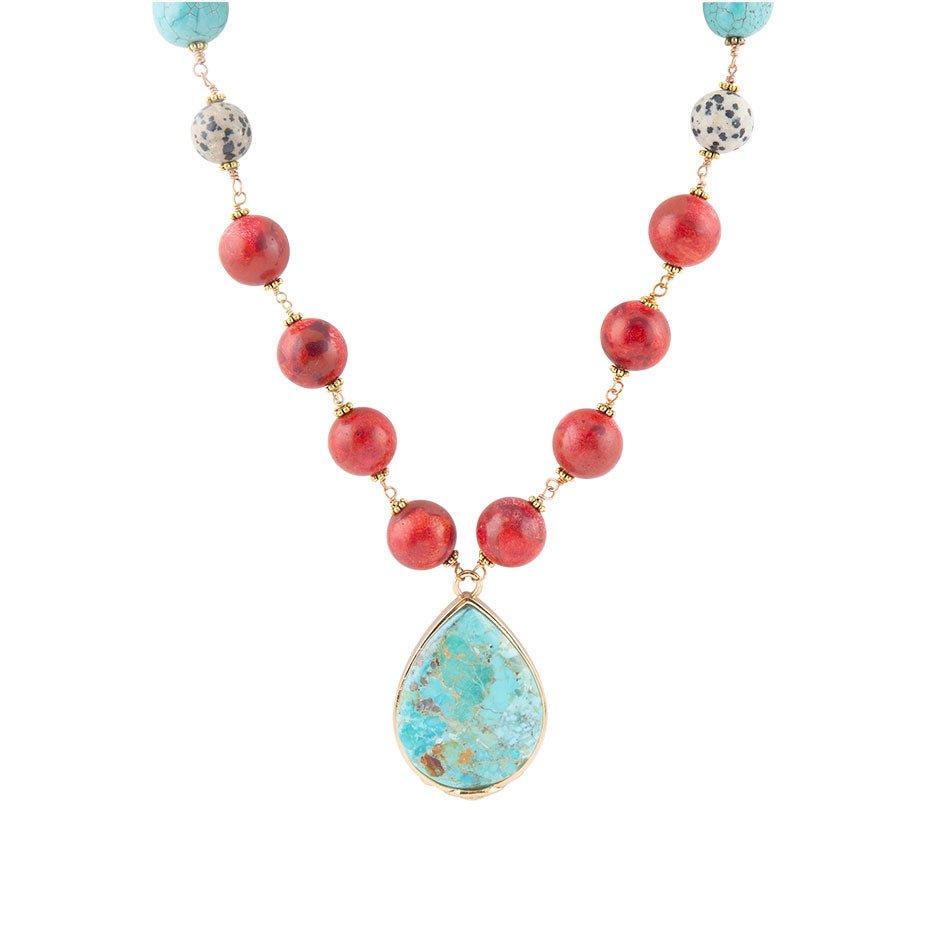 Blue and Red Turquoise Teardrop Golden Necklace Barse Jewelry