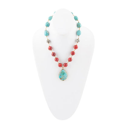 Blue and Red Turquoise Teardrop Golden Necklace Barse Jewelry