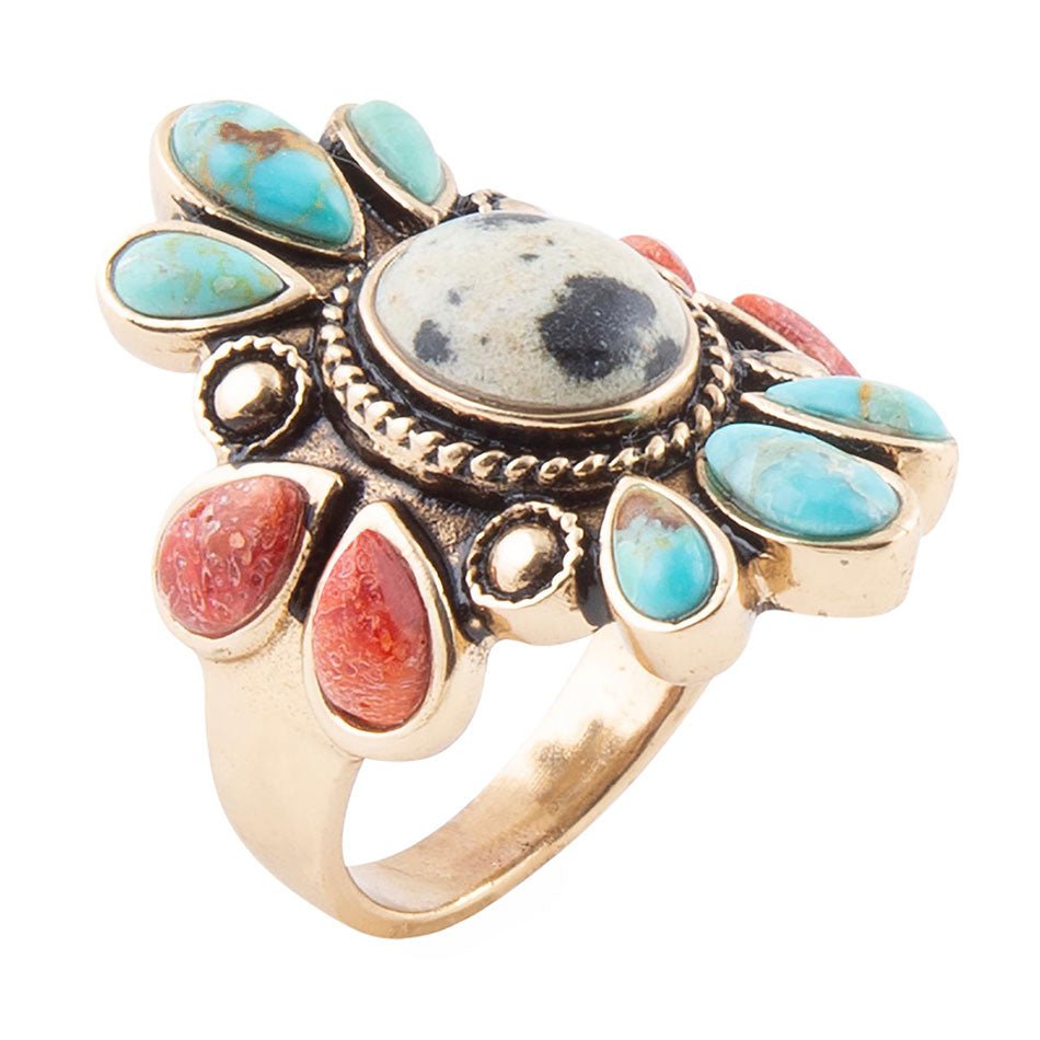 Dalmatian Jasper Multi Color Stone Golden Ring Barse Jewelry