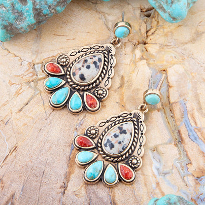 Dalmatian Jasper Colorful Golden Drop Earrings Barse Jewelry