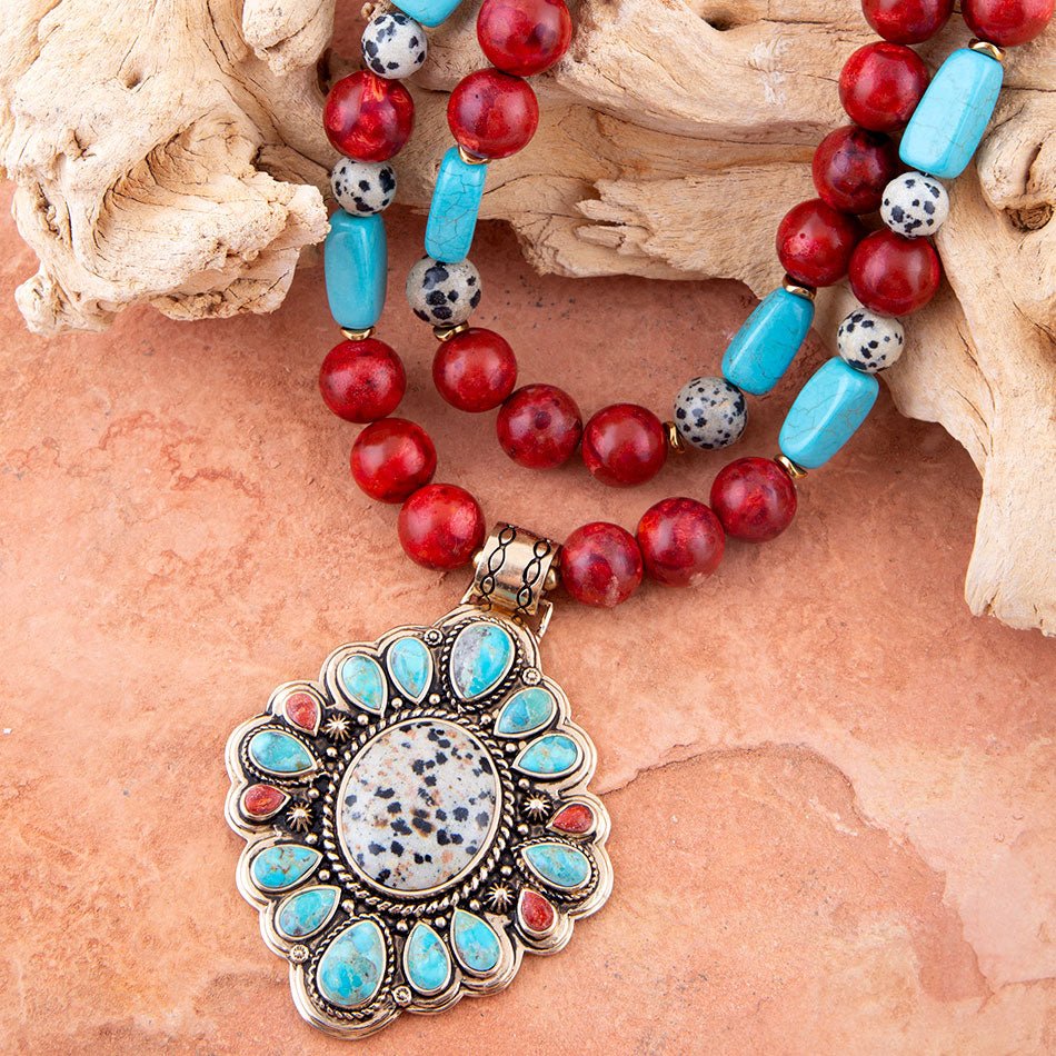 Dalmatian Jasper Colorful Golden Pendant Necklace Barse Jewelry