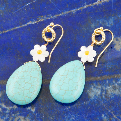 Dani Blue Turquoise Magnesite Flower Golden Drop Earrings Barse Jewelry